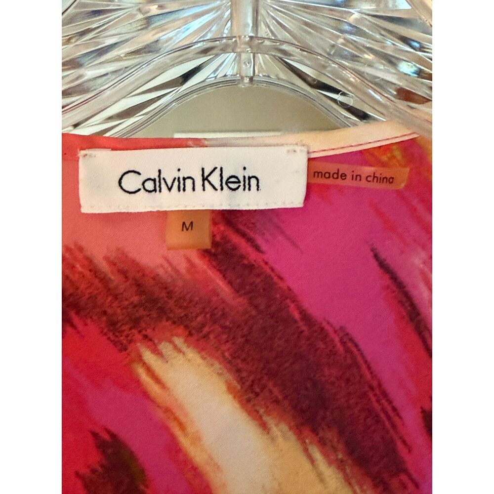 Calvin Klein 100% Silk Abstract Maxi Dress Pink Coral Sleeveless M - Picture 4 of 5